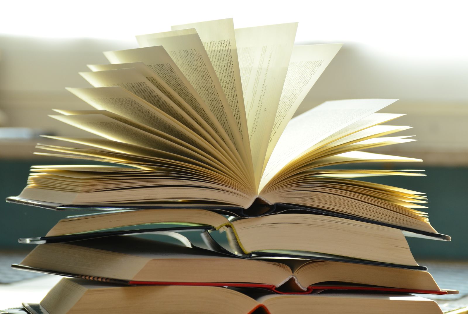 كتب مفتوحة بصفحات منشورة كالمروحة تحت ضوء دافئ خلفي، بلا أي أشخاص في الإطار.